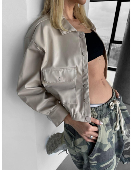 Kadın Bej Kısa Oversize Bomber Deri Ceket