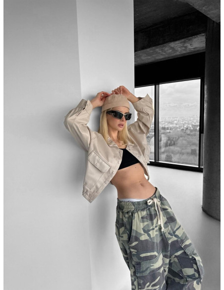 Kadın Bej Kısa Oversize Bomber Deri Ceket