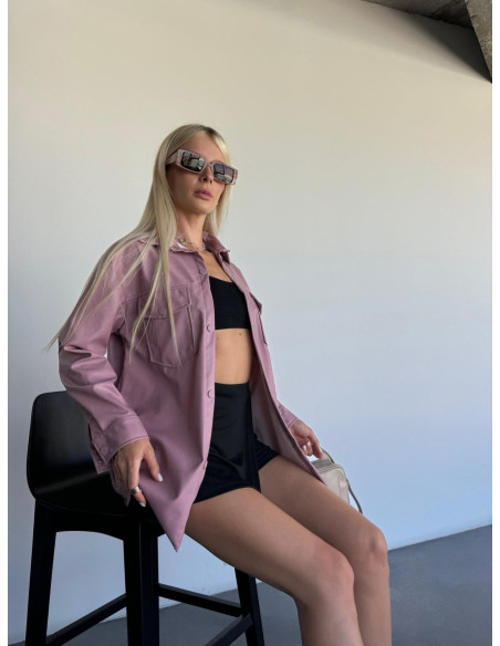 Kadın Pembe Oversize Düz Kesim Deri Ceket