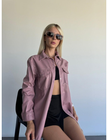 Kadın Pembe Oversize Düz Kesim Deri Ceket