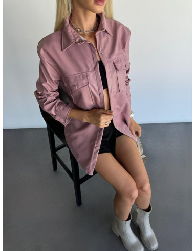 Kadın Pembe Oversize Düz Kesim Deri Ceket