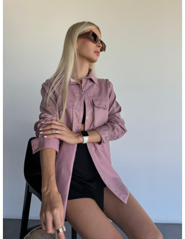 Kadın Pembe Oversize Düz Kesim Deri Ceket