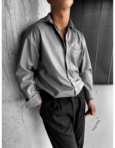 Gri Tek Cepli Erkek Deri Ceket Gömlek