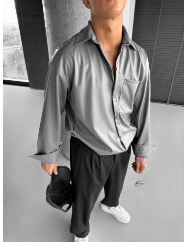 Gri Tek Cepli Erkek Deri Ceket Gömlek