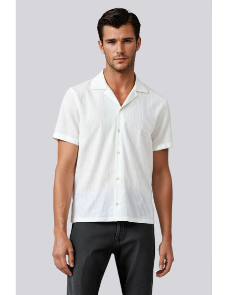 Erkek Beyaz Kısa Kollu Slim Fit Desenli Pamuklu Yazlık Gömlek