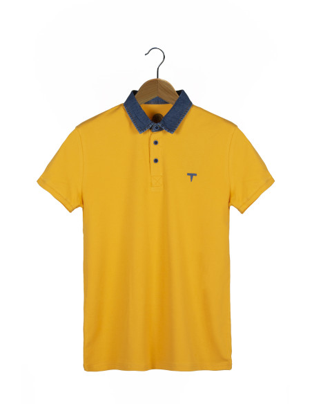 Erkek Hardal Slim Fit Pamuklu Kot Yaka Polo Yaka T-shirt