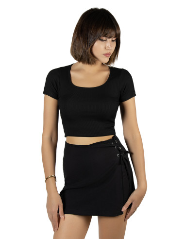 Siyah Havuz Yaka Fitted/vücuda Oturan Kısa Kol Crop Tişört