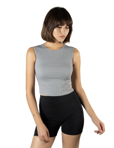 Gri Fitted/Vücuda Oturan Crop Halter Yaka Fitilli Esnek Örme Bluz Atlet