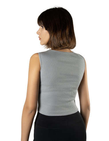 Gri Fitted/Vücuda Oturan Crop Halter Yaka Fitilli Esnek Örme Bluz Atlet