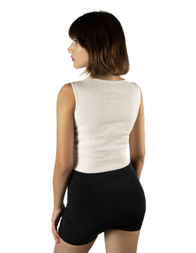 Krem Fitted/Vücuda Oturan Crop Halter Yaka Fitilli Esnek Örme Bluz Atlet