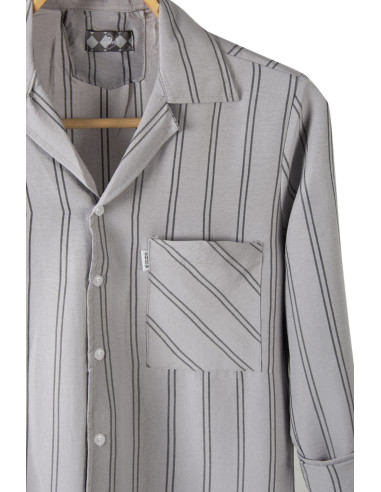 Erkek Gri Uzun Kollu Cepli Pamuk Slim Fit Çizgili Yazlık Gömlek