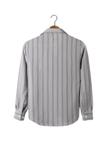 Erkek Gri Uzun Kollu Cepli Pamuk Slim Fit Çizgili Yazlık Gömlek