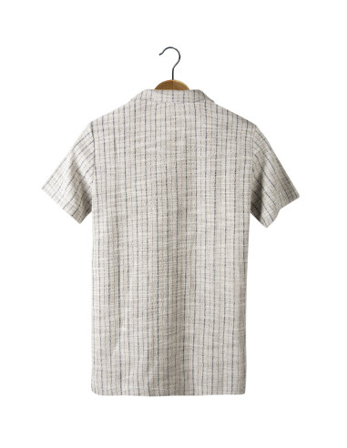 Erkek Krem Kısa Kollu Slim Fit Çizgi Desenli Pamuklu Yazlık Gömlek