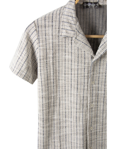 Erkek Krem Kısa Kollu Slim Fit Çizgi Desenli Pamuklu Yazlık Gömlek