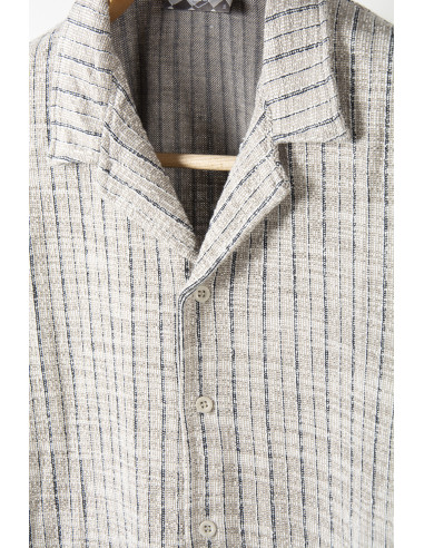 Erkek Krem Kısa Kollu Slim Fit Çizgi Desenli Pamuklu Yazlık Gömlek