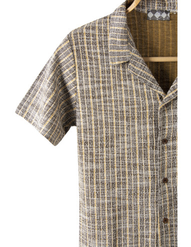 Erkek Sarı Kısa Kollu Slim Fit Çizgi Desenli Pamuklu Yazlık Gömlek