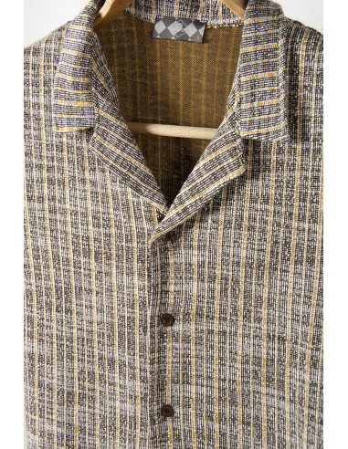 Erkek Sarı Kısa Kollu Slim Fit Çizgi Desenli Pamuklu Yazlık Gömlek