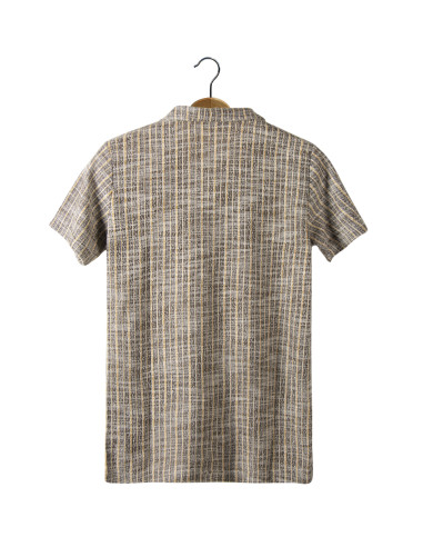 Erkek Sarı Kısa Kollu Slim Fit Çizgi Desenli Pamuklu Yazlık Gömlek