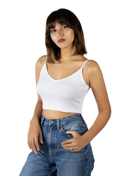 Beyaz İp Askılı Fitted/Vücuda Oturan Fitili Örme Crop Top Bluz