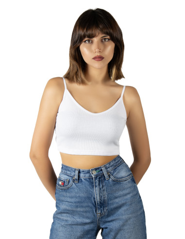 Beyaz İp Askılı Fitted/Vücuda Oturan Fitili Örme Crop Top Bluz