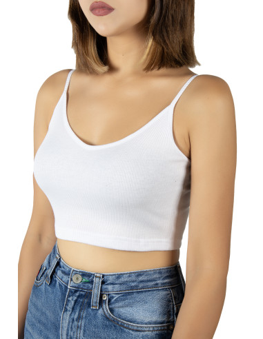 Beyaz İp Askılı Fitted/Vücuda Oturan Fitili Örme Crop Top Bluz