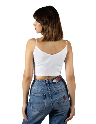 Beyaz İp Askılı Fitted/Vücuda Oturan Fitili Örme Crop Top Bluz