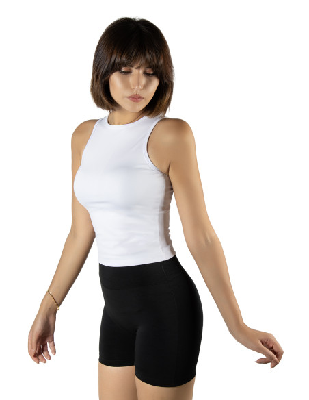 Beyaz Fitted/Vücuda Oturan Crop Halter Yaka Spor Bluz Atlet